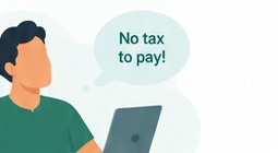 A person at a laptop with a thought bubble reading no tax to pay