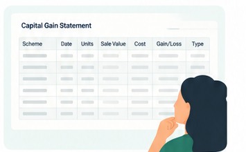 A capital gain statement laid out in columns for scheme, date, units, sale value, cost, gain or loss and type