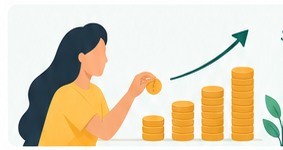 A person adding a coin to a rising series of stacks