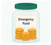 A jar labelled emergency fund filling with coins