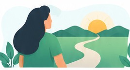 A person looking out over a winding path towards a sunrise