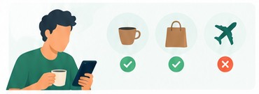 A person with a phone deciding between a coffee, a bag and a flight